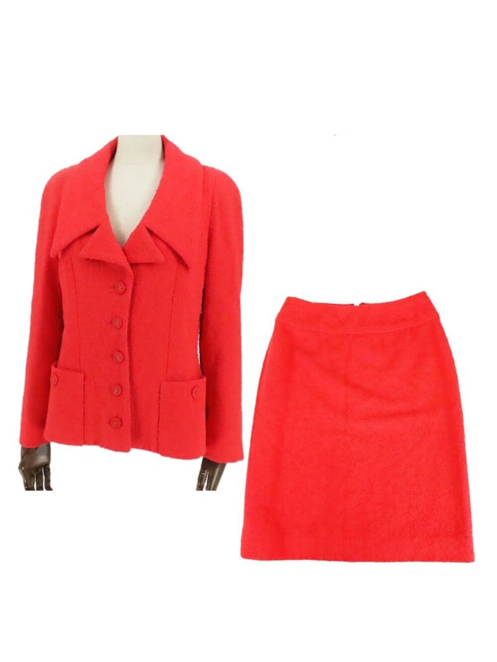 Chanel Tweed Jacket Two Piece Pink Wool Shoulder Pads Pencil Skirt 94P Set 38